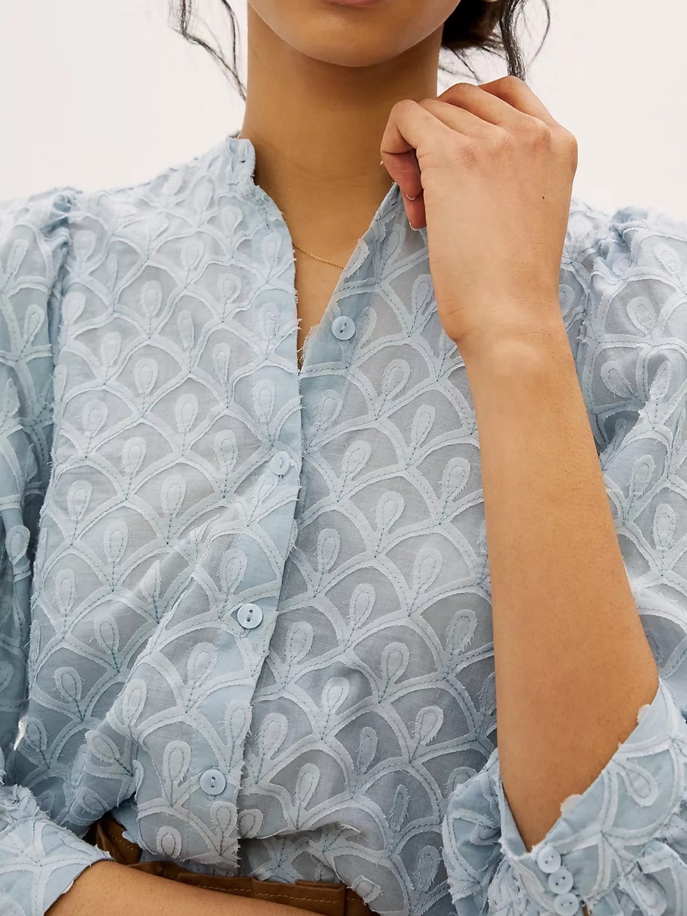Pilcro Anthropologie Blue Embroidered Sheer Cotton Button Front Blouse Sz Small - Picture 4 of 13
